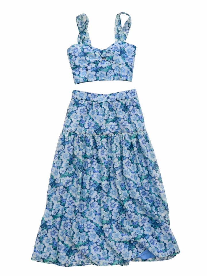 Blue Floral Print Two-Piece Outfit with Cropped Bralette and Maxi Skirt