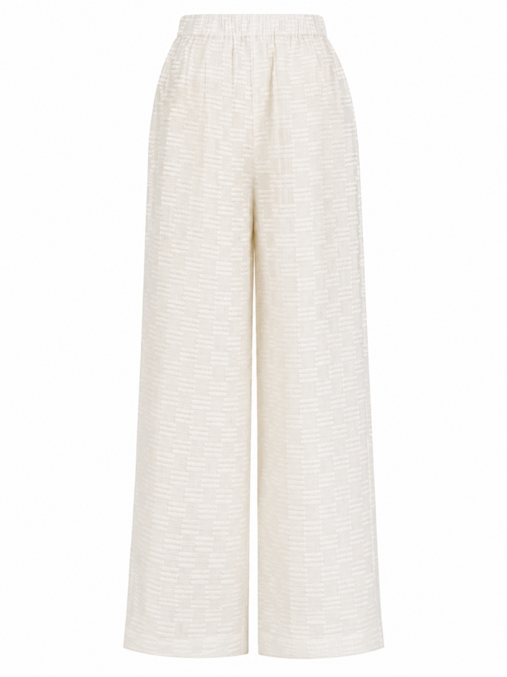 Off-White Textured Wide-Leg Trousers with Elastic Waist