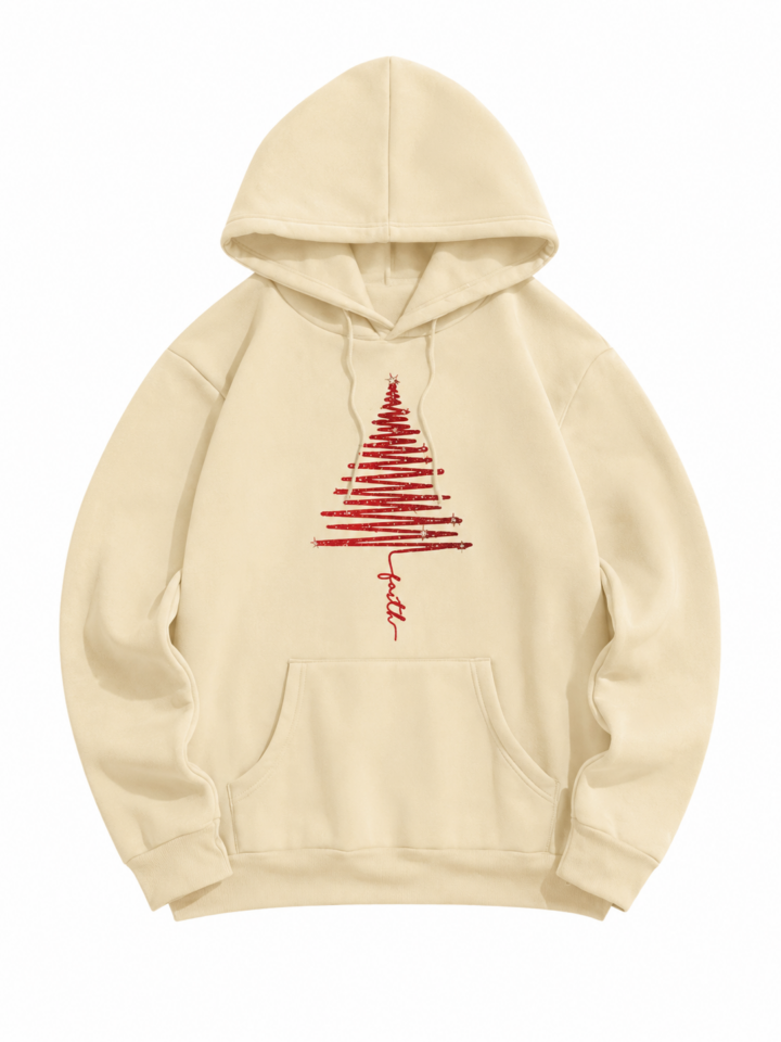 Cream Oversized Pullover Hoodie with Red Christmas Tree Graphic