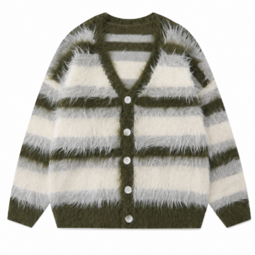 Olive Grey Striped V-Neck Cardigan Sweater