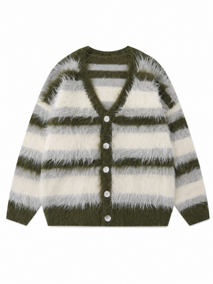 Olive Grey Striped V-Neck Cardigan Sweater
