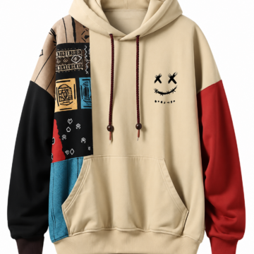 Beige Color-Block Oversized Hoodie with Geometric Graphic