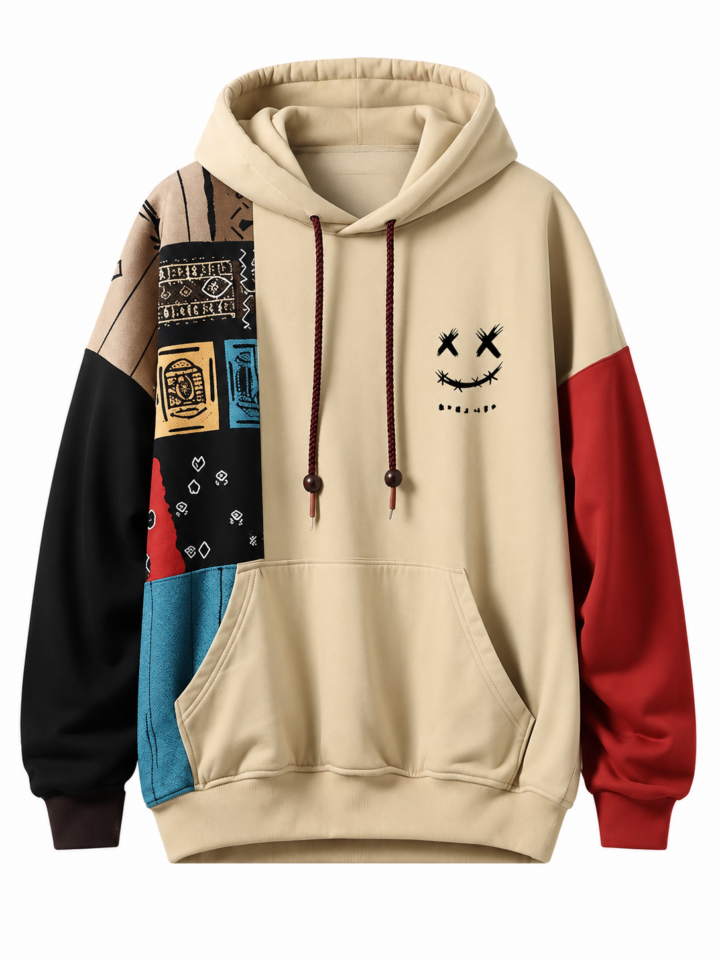 Beige Color-Block Oversized Hoodie with Geometric Graphic