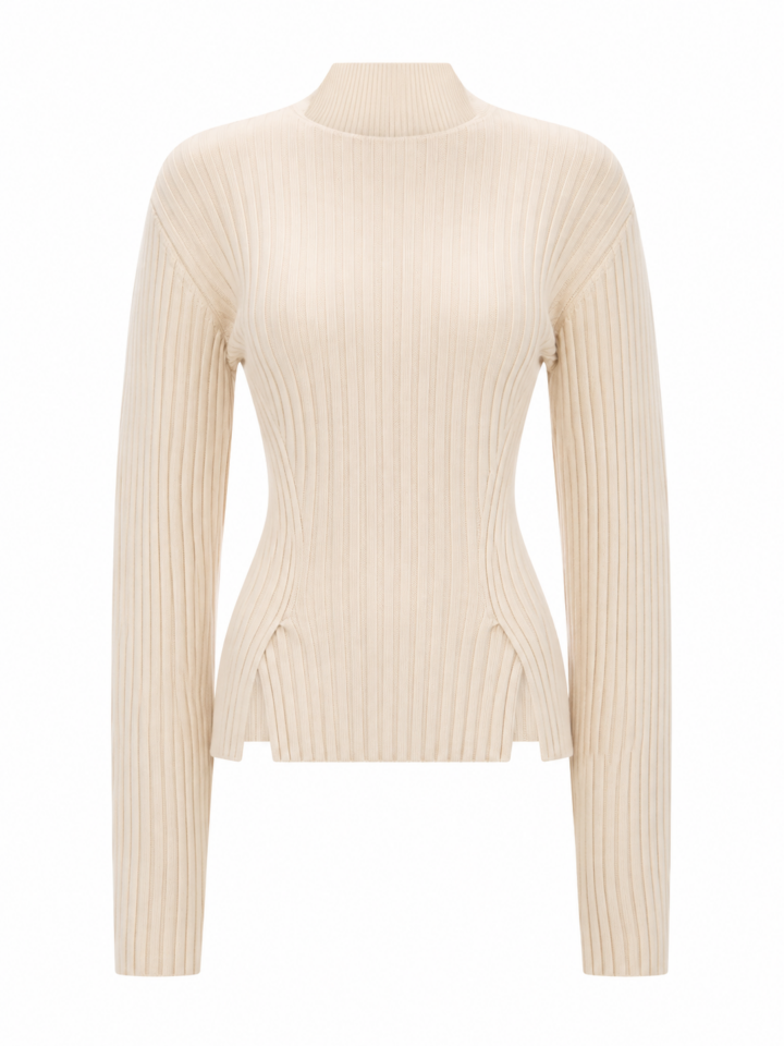 Cream Slim Fit Mock Neck Ribbed Knit Sweater