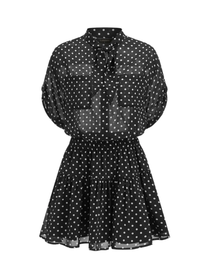 Black Polka Dot Sheer Tie-Neck Mini Dress