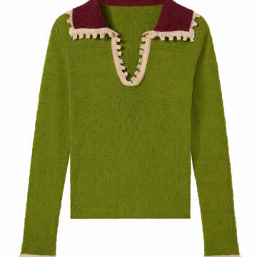 Olive Green Knit Pullover with Burgundy Collar