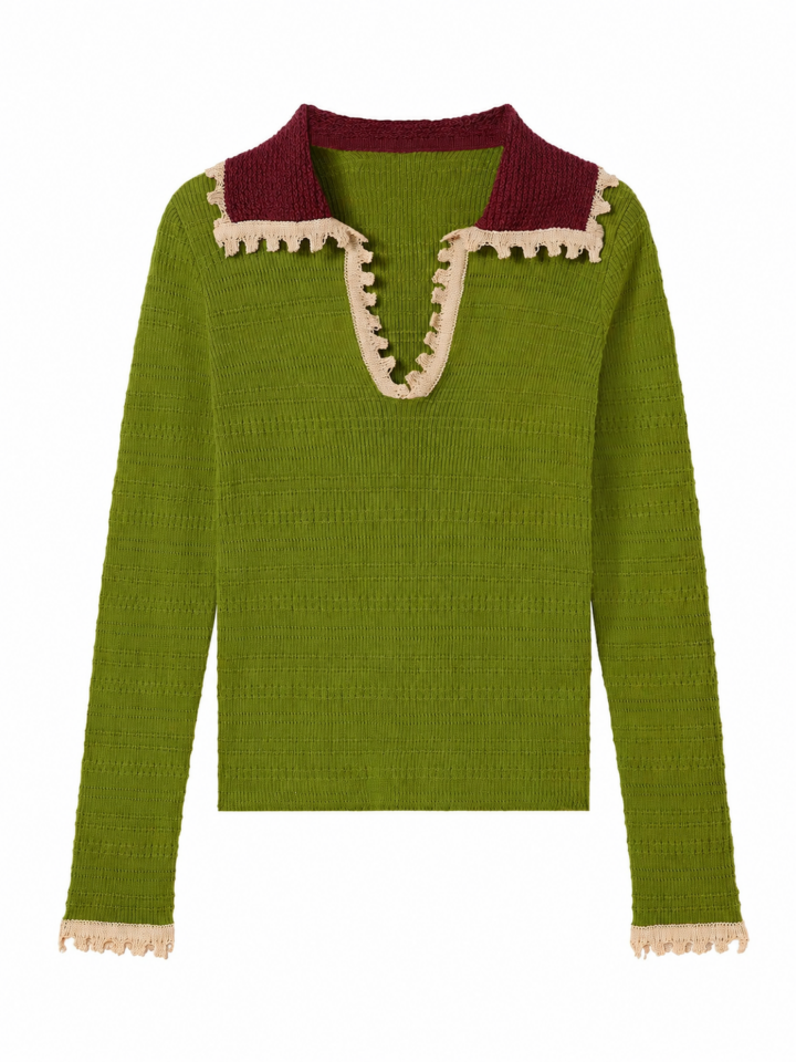 Olive Green Knit Pullover with Burgundy Collar
