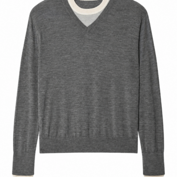 Heathered Grey V-Neck Knit Sweater with Off-White Trim