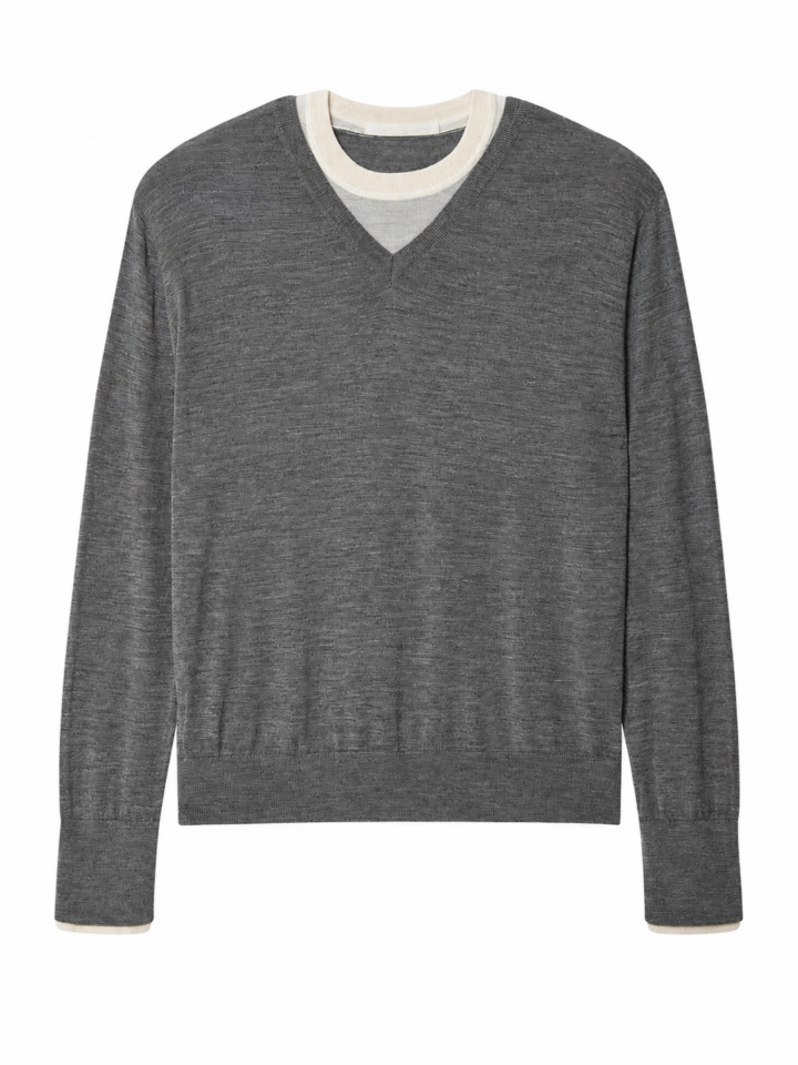 Heathered Grey V-Neck Knit Sweater with Off-White Trim