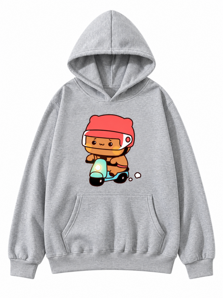 Heather Gray Relaxed Fit Pullover Hoodie with Bear Graphic