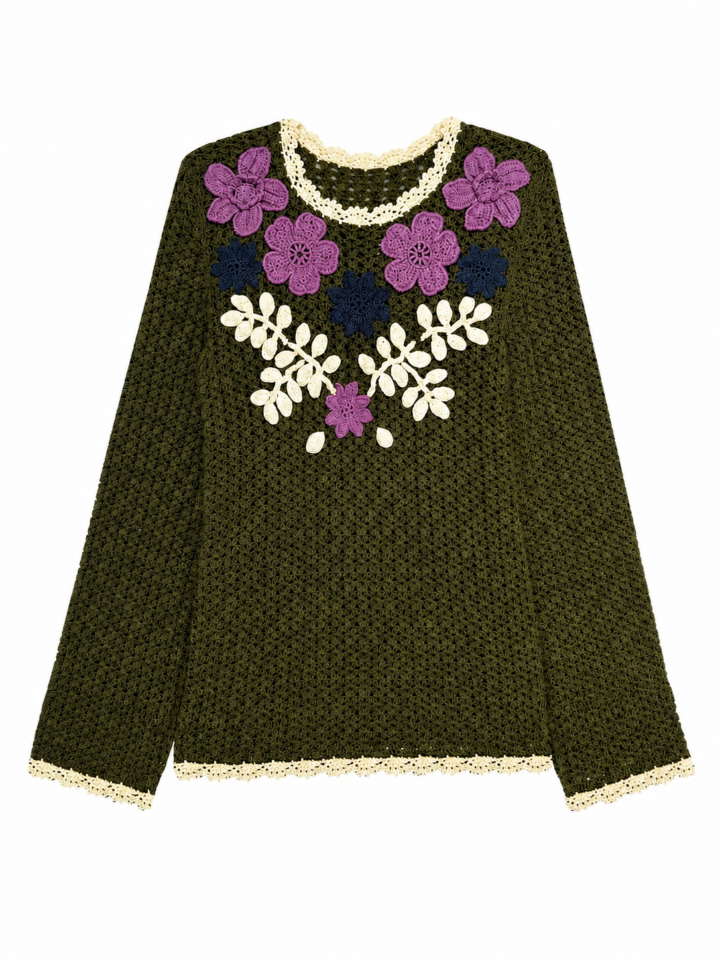 Olive Green Crocheted Floral Top