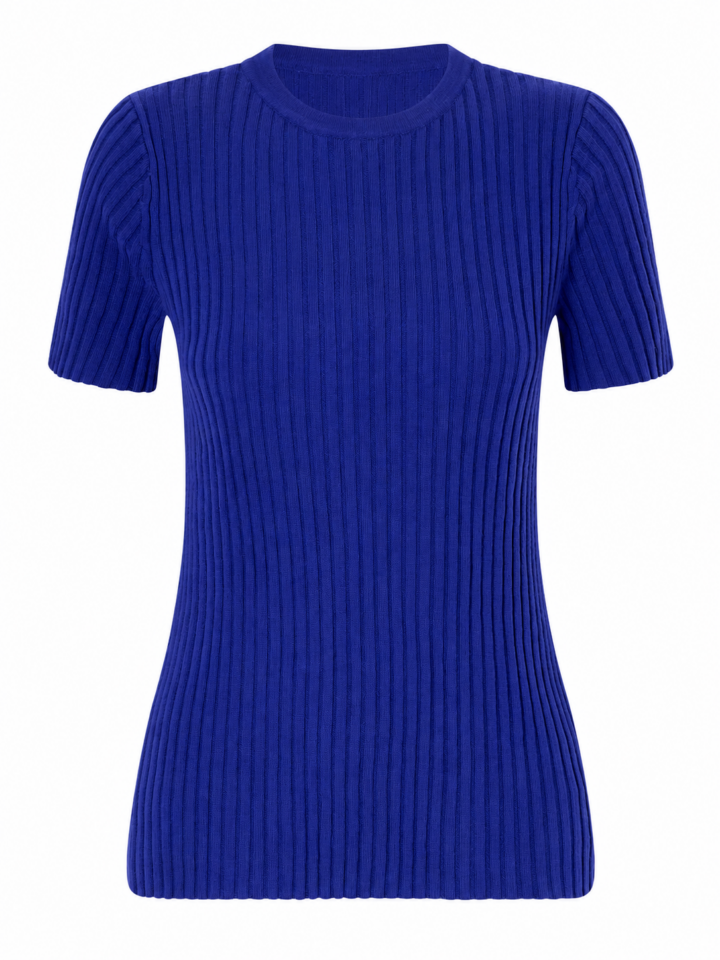 Royal Blue Ribbed Knit Short Sleeve Crew Neck Top