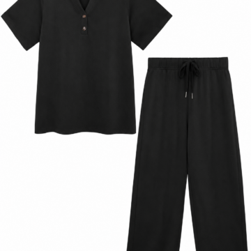 Black Relaxed Fit Two-Piece Lounge Set with Wide-Leg Pants