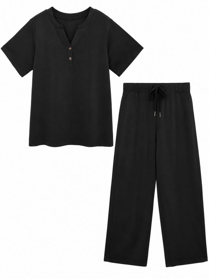 Black Relaxed Fit Two-Piece Lounge Set with Wide-Leg Pants