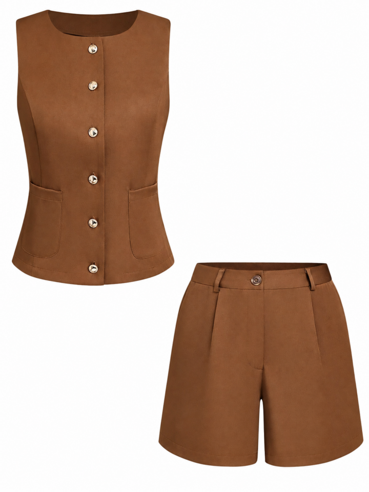Brown Tailored Vest and High-Waisted Shorts Two-Piece Set