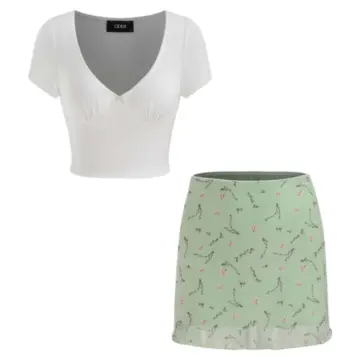 White Crop Top and Sage Green Floral Mini Skirt Set