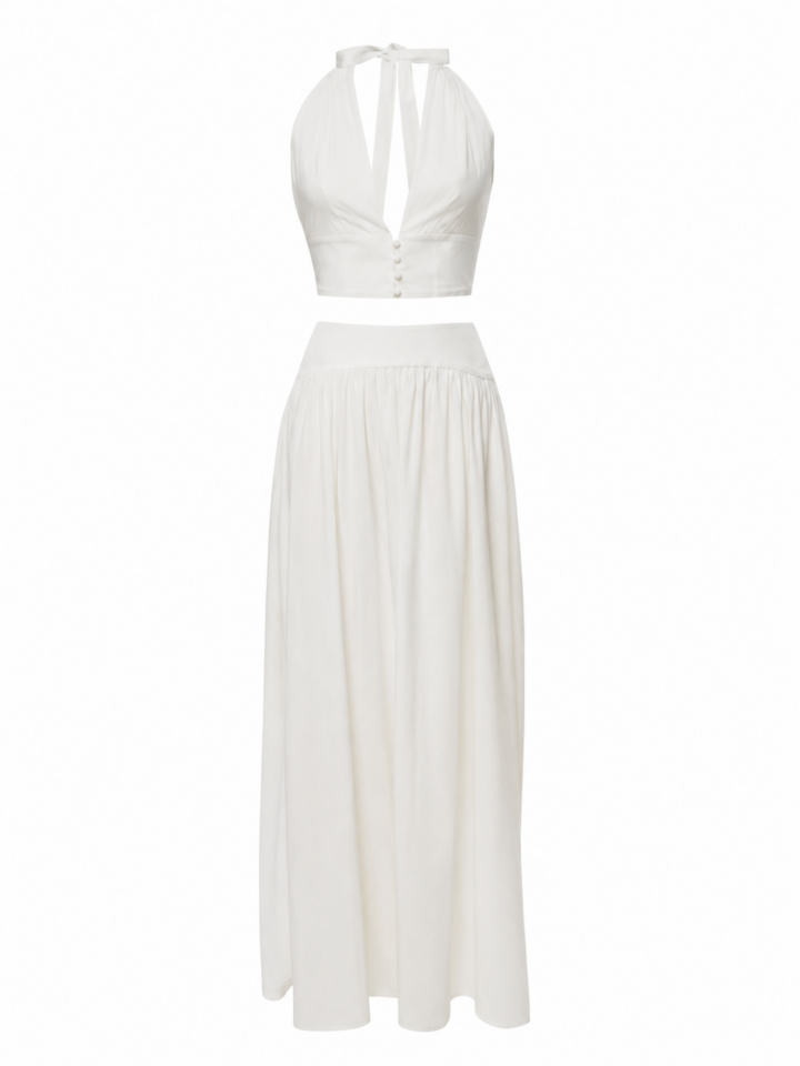 White Halter Neck Two-Piece Set with Cropped Top and Maxi Skirt