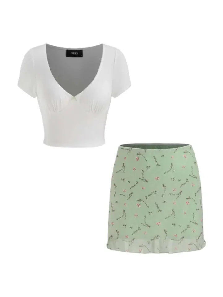 White Crop Top and Sage Green Floral Mini Skirt Set