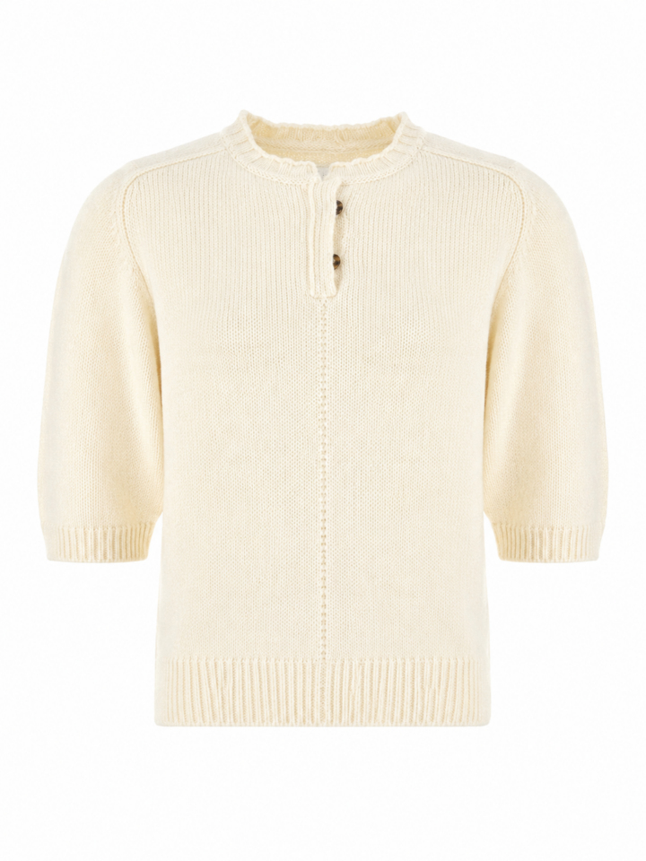 Cream Short Sleeve Mock Neck Henley Knit Top