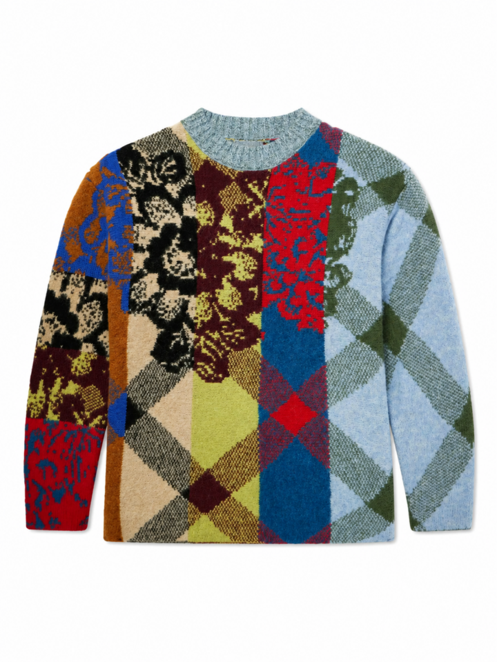 Multicolor Patchwork Argyle Floral Crew Neck Sweater
