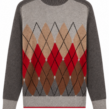 Grey Argyle Pattern Pullover Sweater with Red Accent