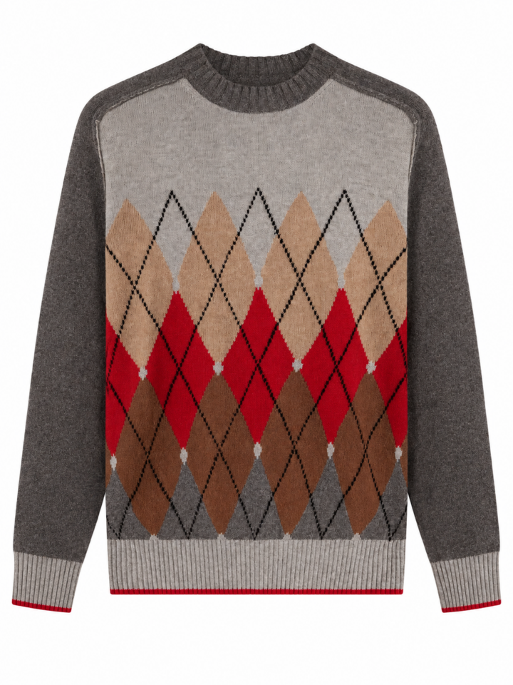 Grey Argyle Pattern Pullover Sweater with Red Accent