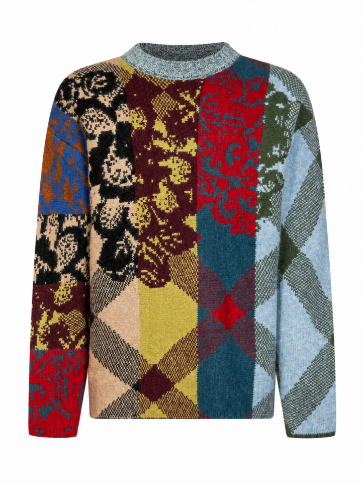 Multicolor Paneled Argyle Floral Pullover Sweater