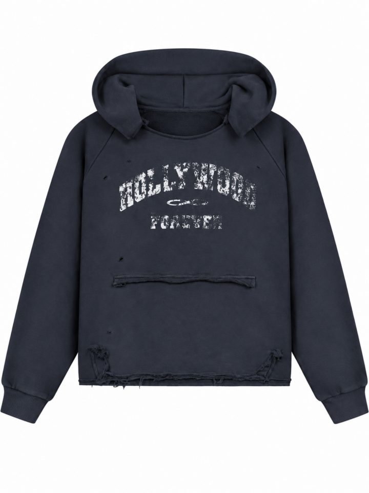 Black Distressed Hoodie with Faded Graphic and Raw Hem