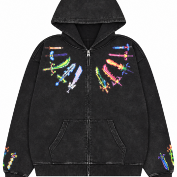 Black Acid-Wash Oversized Zip-Up Hoodie with Pixel Sword Graphic