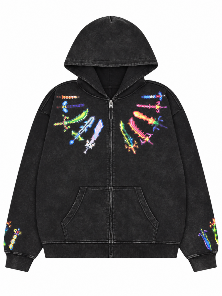 Black Acid-Wash Oversized Zip-Up Hoodie with Pixel Sword Graphic