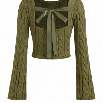 Olive Green Cable Knit Bow Tie Top