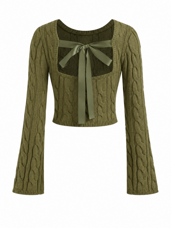 Olive Green Cable Knit Bow Tie Top