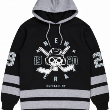 Black Pullover Hoodie with Graphic Print and Contrast Hood