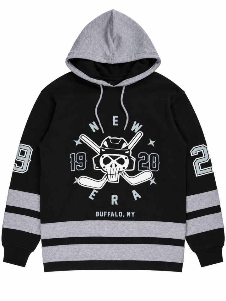 Black Pullover Hoodie with Graphic Print and Contrast Hood