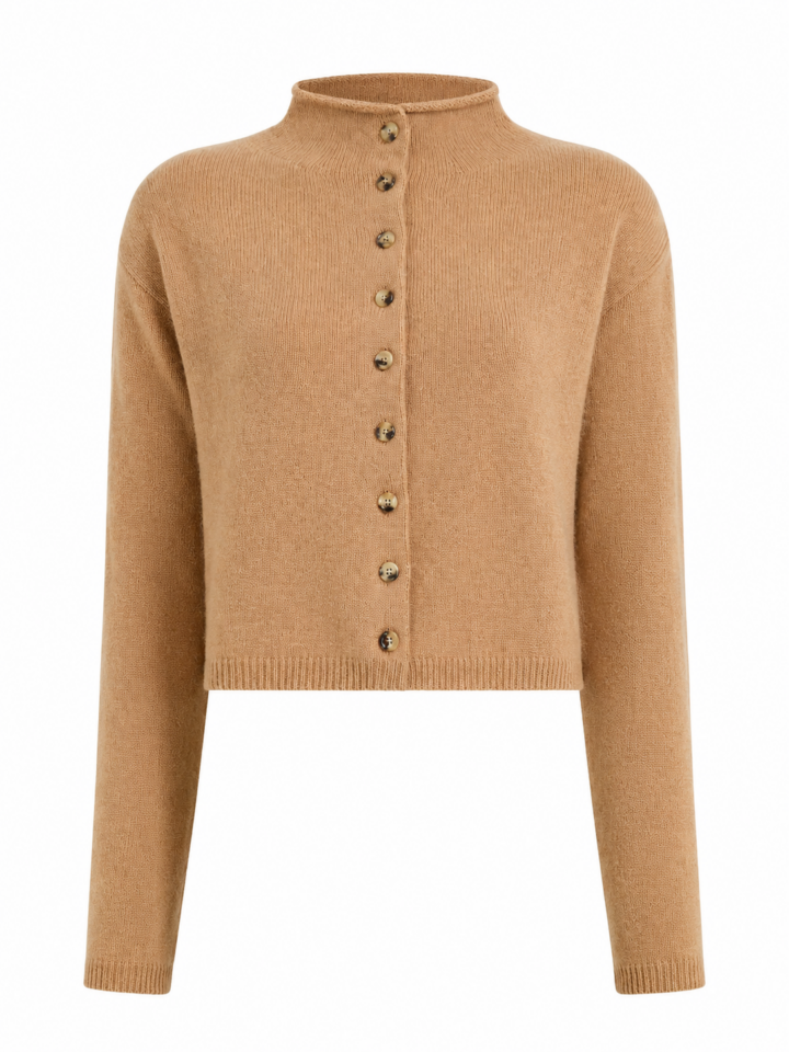 Camel Mock Neck Cropped Cardigan