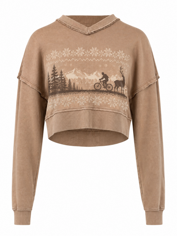 Washed Camel Tan Cropped Graphic Sweatshirt