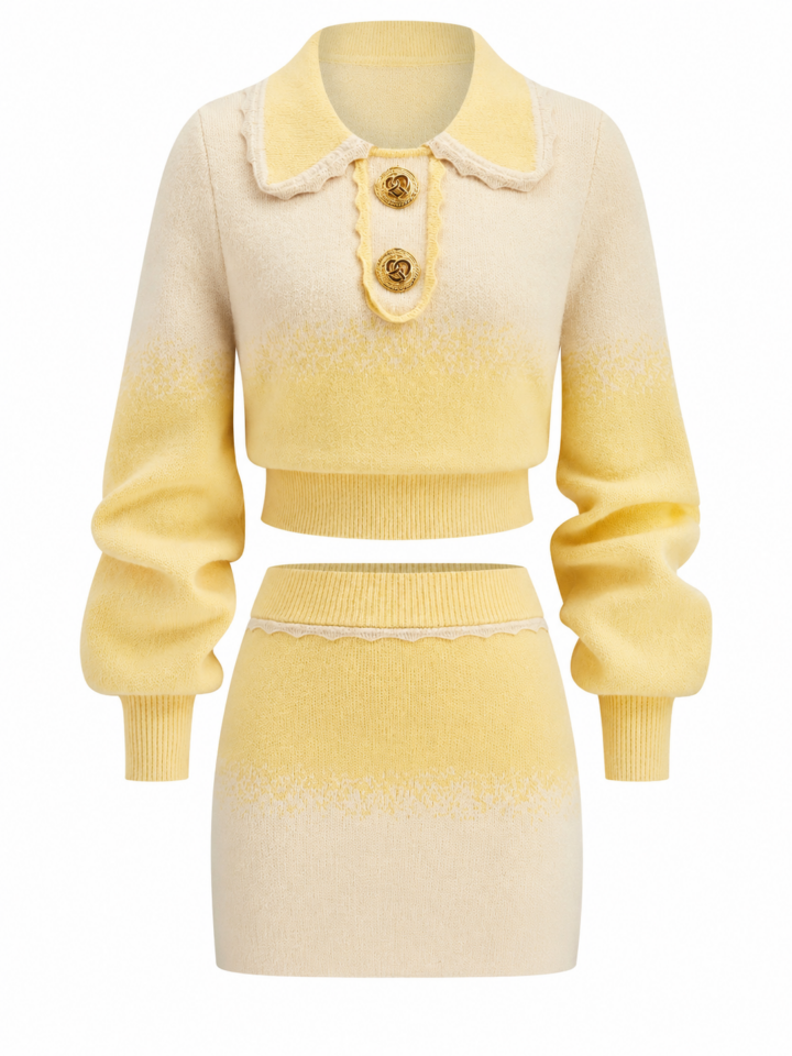Yellow Ombre Knit Two-Piece Set with Cropped Top and Mini Skirt
