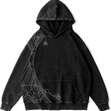 Black Acid-Wash Oversized Hoodie with Spiderweb Graphic