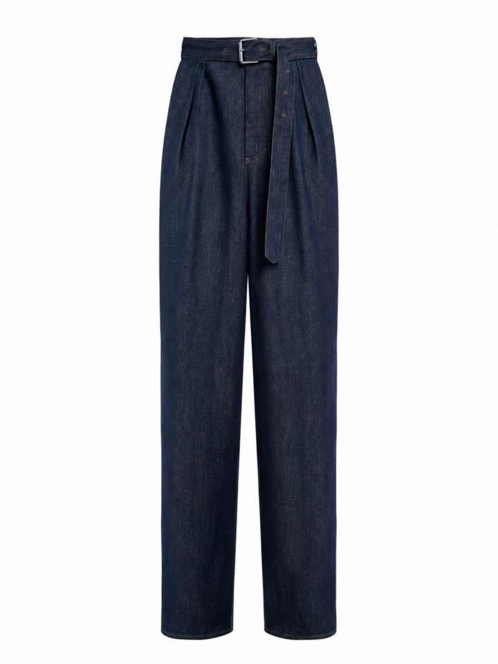High-Rise Wide-Leg Jeans with Pleats and Self-Tie Belt