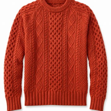 Rust Orange Textured Crewneck Sweater with Honeycomb and Cable Patterns