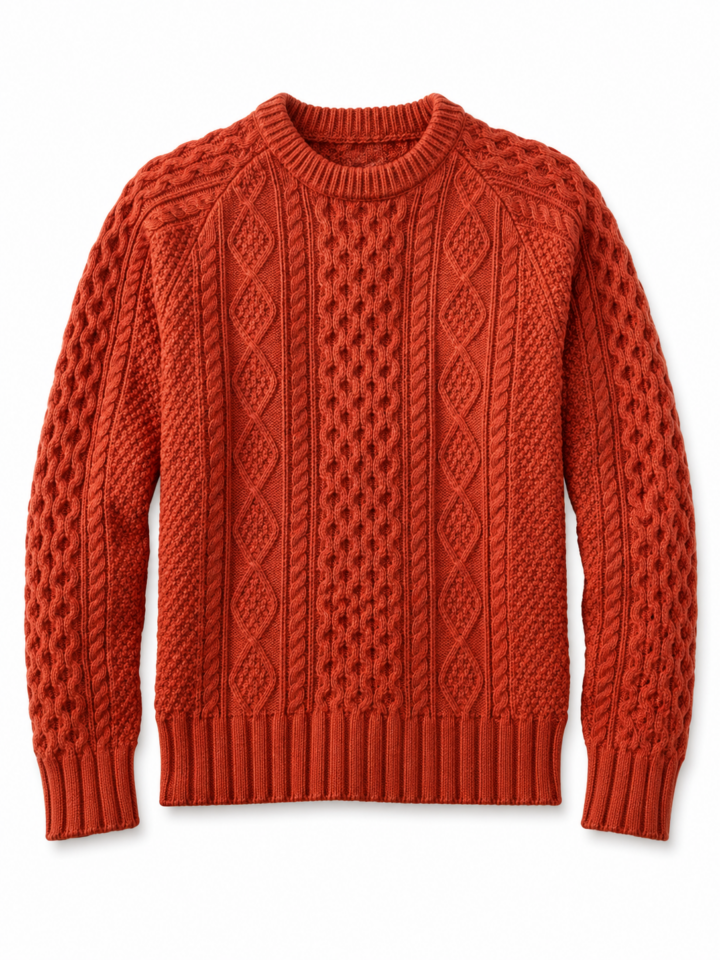 Rust Orange Textured Crewneck Sweater with Honeycomb and Cable Patterns
