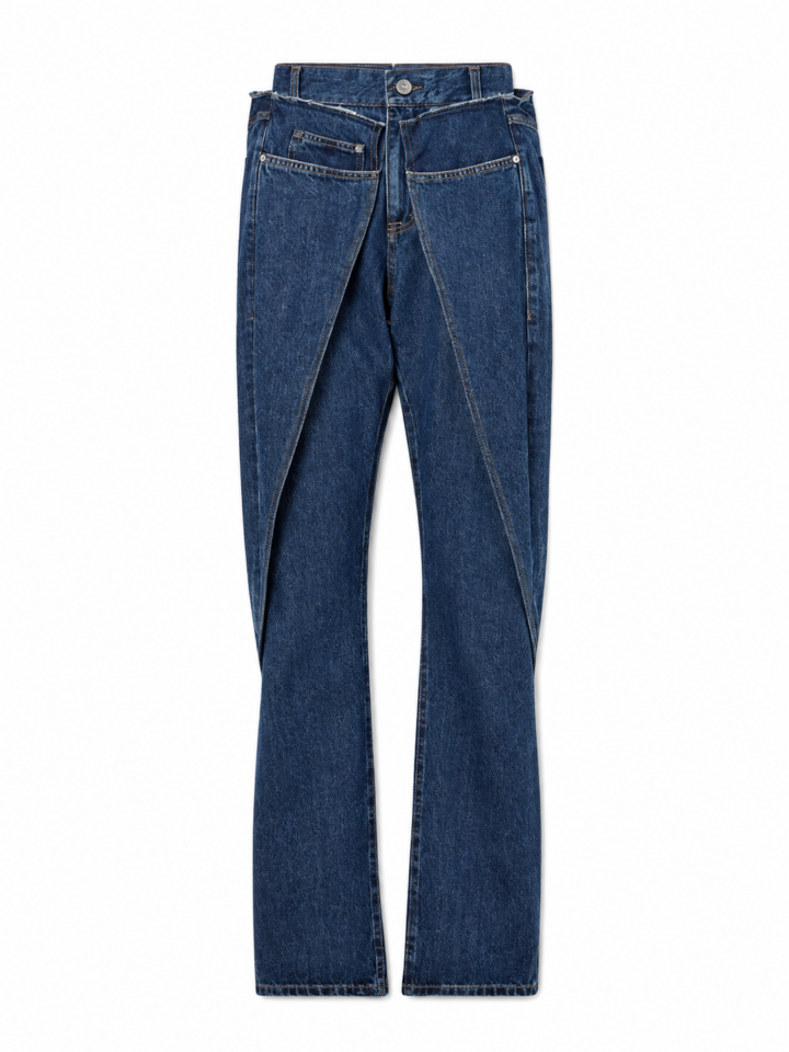 Dark Wash Distressed Straight Leg Jeans with Paneled Seams
