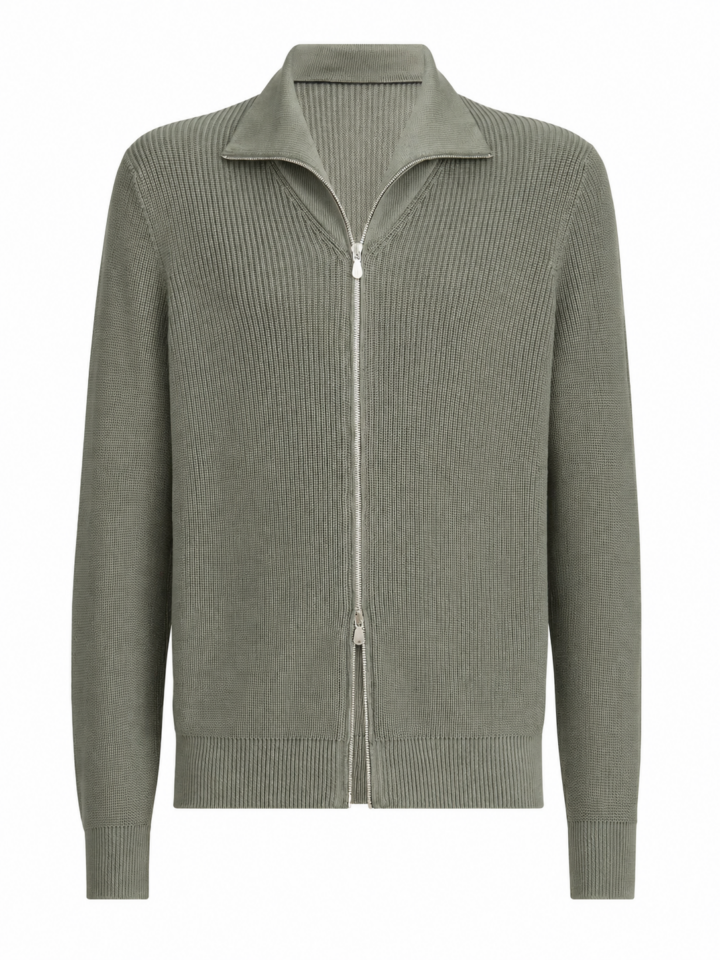 Sage Green Zip-Up Ribbed Knit Sweater