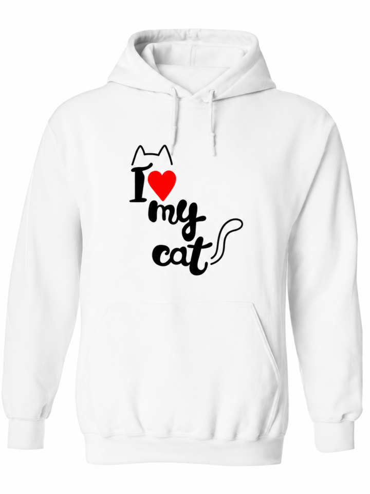White Pullover Hoodie with Cat Graphic