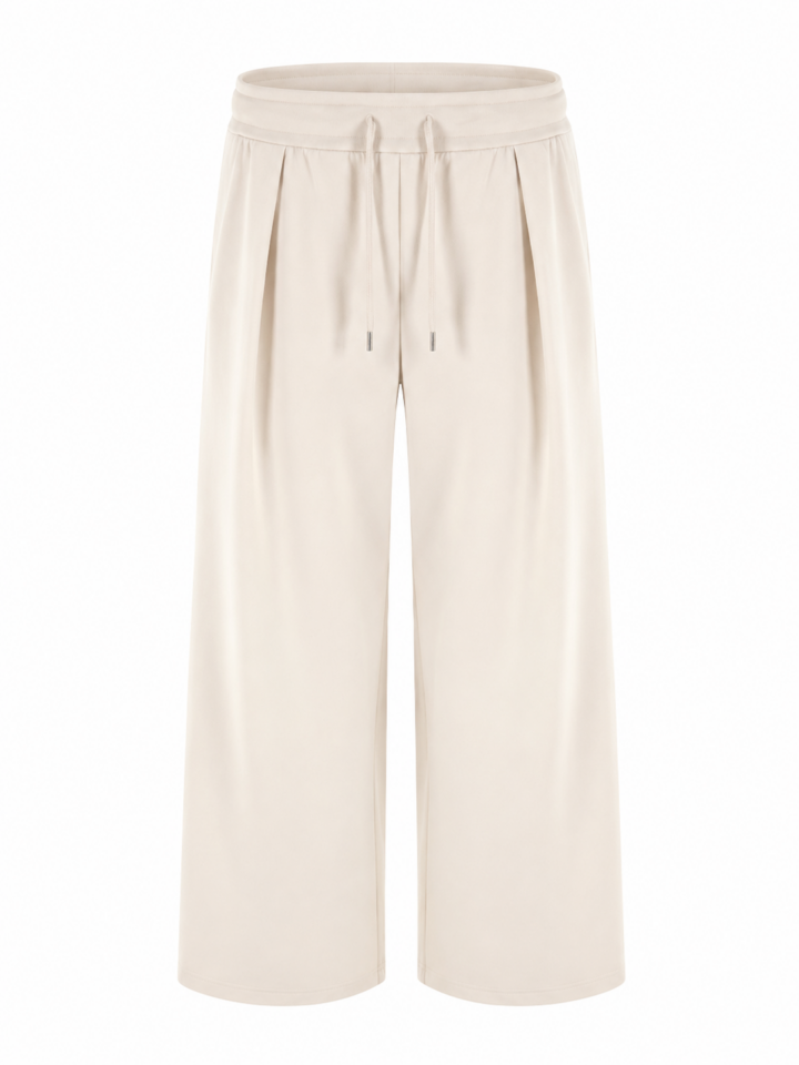 Off-White Wide-Leg Trousers with Front Pleats