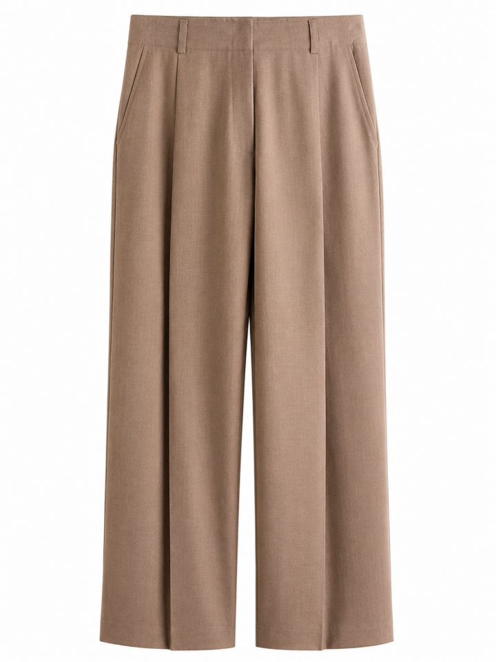 Taupe High-Waisted Wide-Leg Pleated Trousers