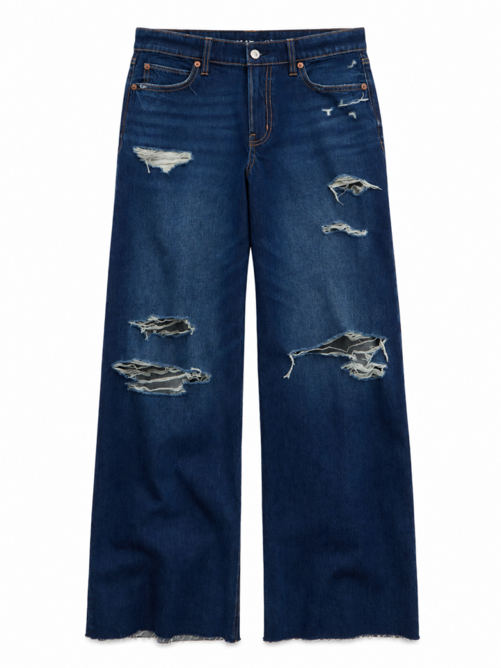 Dark Distressed Wide-Leg Jeans with Raw Hem