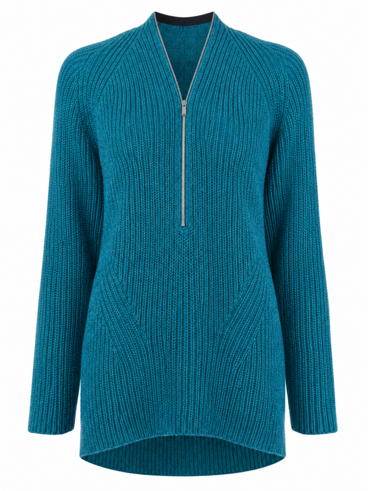 Teal Half-Zip Knit Sweater with V-Neck Collar