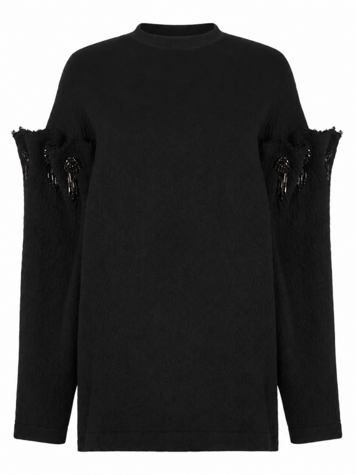 Black Cut-Out Sleeve Crewneck Sweater