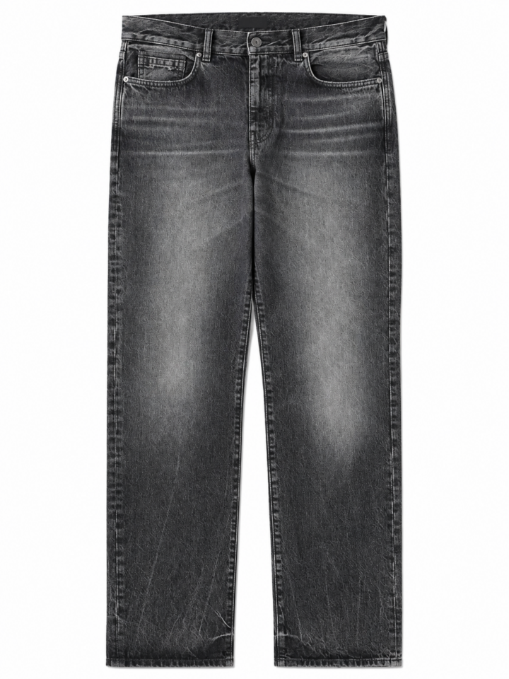 Grey-Black Washed Straight Leg Jeans with Whiskering